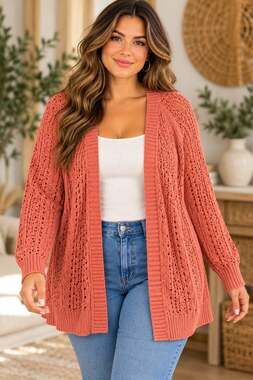 Women’s Coral Solid Open-Knit Cardigan V-Neck Long Sleeve Lightweight Spring